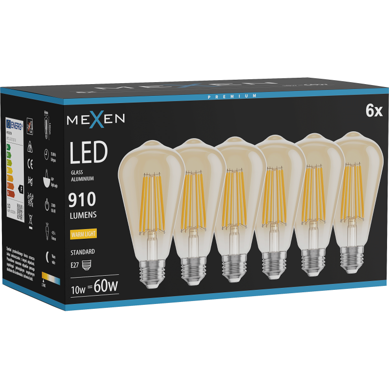 Mexen Vintis 6x Bec cu filament LED E27, ST64, 10W, Caldă - 2700K, 910 lm, chihlimbar - L152-E27-1027-50x06