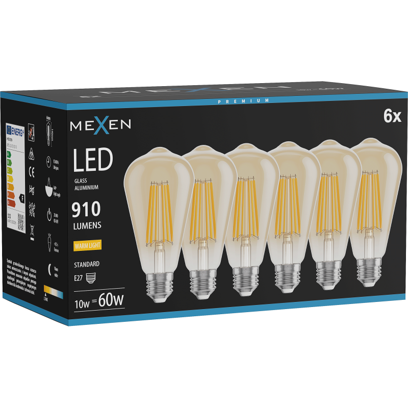 Mexen Vintis 6x LED filament izzó E27, ST64, 10W, Meleg - 2700K, 910 lm, borostyán - L152-E27-1027-50x06