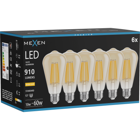 Mexen Vintis 6x Bec cu filament LED E27, ST64, 10W, Caldă - 2700K, 910 lm, chihlimbar - L152-E27-1027-50x06