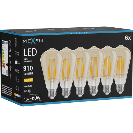Mexen Vintis 6x LED filament izzó E27, ST64, 10W, Meleg - 2700K, 910 lm, borostyán - L152-E27-1027-50x06