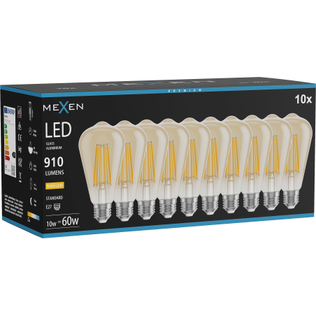 Mexen Vintis 10x LED filament izzó E27, ST64, 10W, Meleg - 2700K, 910 lm, borostyán - L152-E27-1027-50x10