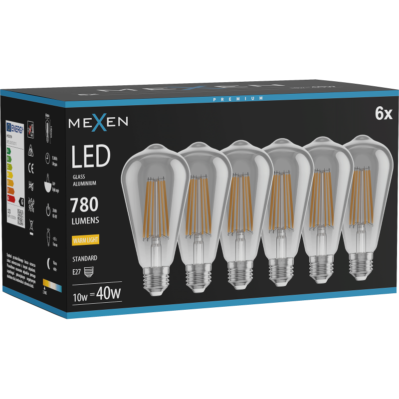 Mexen Vintis 6x Filament LED izzó E27, ST64, 10W, Meleg - 2700K, 780 lm, füstös - L152-E27-1027-70x06