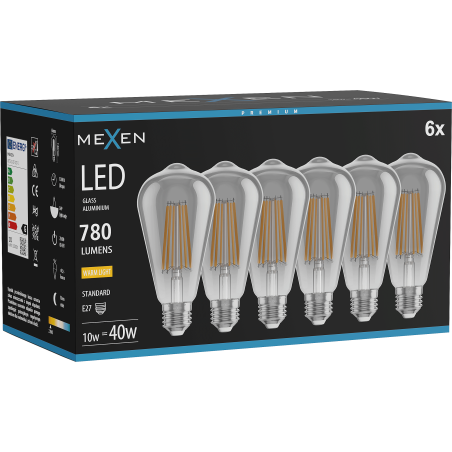 Mexen Vintis 6x Filament LED izzó E27, ST64, 10W, Meleg - 2700K, 780 lm, füstös - L152-E27-1027-70x06