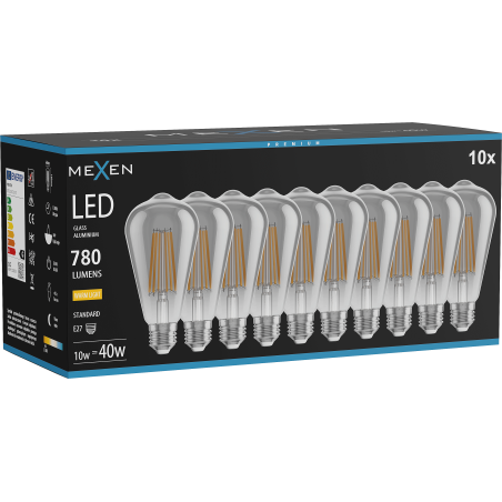 Mexen Vintis 10x LED filament izzó E27, ST64, 10W, Meleg - 2700K, 780 lm, füstös - L152-E27-1027-70x10