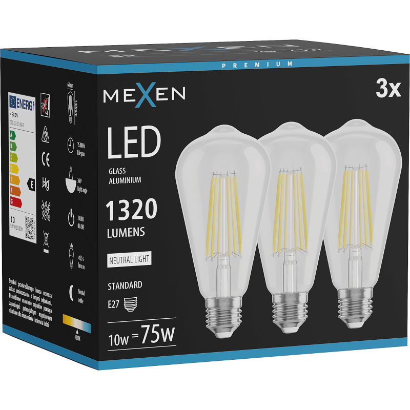 Mexen Vintis 3x Bec LED filament E27, ST64, 10W, Neutră - 4000K, 1320 lm, transparent - L152-E27-1040-00x03