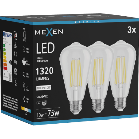 Mexen Vintis 3x Bec LED filament E27, ST64, 10W, Neutră - 4000K, 1320 lm, transparent - L152-E27-1040-00x03