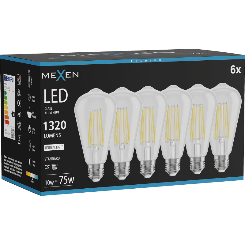 Mexen Vintis 6x Szálas LED izzó E27, ST64, 10W, Semleges - 4000K, 1320 lm, átlátszó - L152-E27-1040-00x06