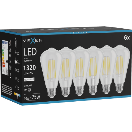 Mexen Vintis 6x Szálas LED izzó E27, ST64, 10W, Semleges - 4000K, 1320 lm, átlátszó - L152-E27-1040-00x06