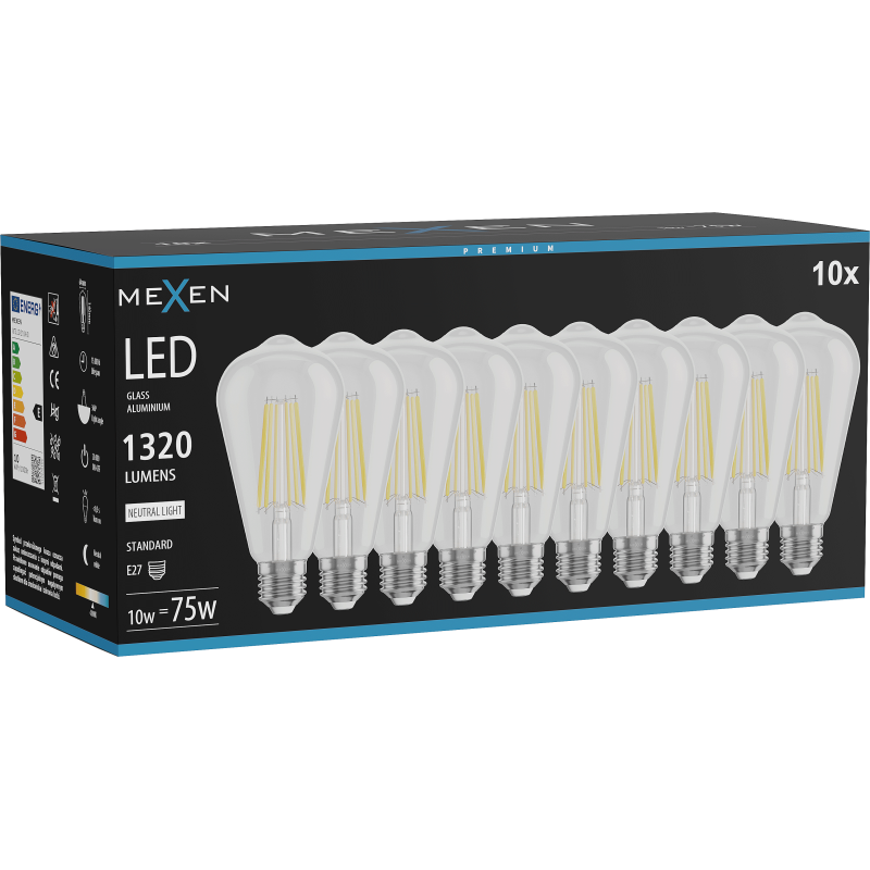 Mexen Vintis 10x Bec LED Filament E27, ST64, 10W, Neutră - 4000K, 1320 lm, clar - L152-E27-1040-00x10