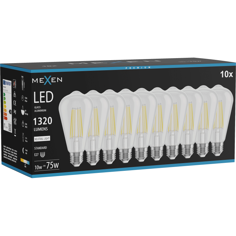 Mexen Vintis 10x LED filament izzó E27, ST64, 10W, Semleges - 4000K, 1320 lm, átlátszó - L152-E27-1040-00x10