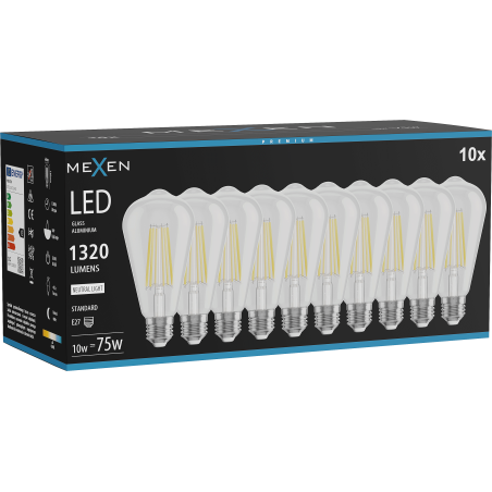 Mexen Vintis 10x LED filament izzó E27, ST64, 10W, Semleges - 4000K, 1320 lm, átlátszó - L152-E27-1040-00x10