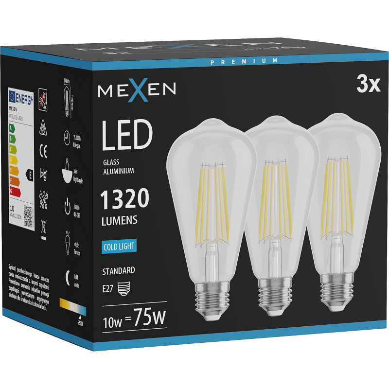 Mexen Vintis 3x LED filament izzó E27, ST64, 10W, Hideg - 6500K, 1320 lm, tiszta - L152-E27-1040-00x03 - L152-E27-1065-00x03