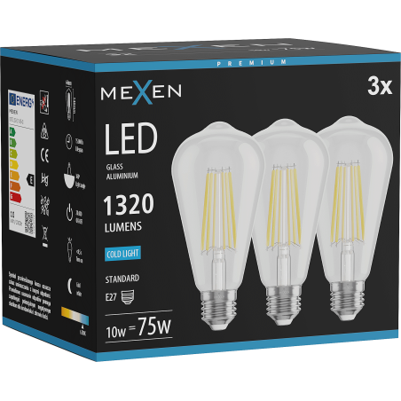 Mexen Vintis 3x LED filament izzó E27, ST64, 10W, Hideg - 6500K, 1320 lm, tiszta - L152-E27-1040-00x03 - L152-E27-1065-00x03