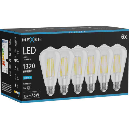 Mexen Vintis 6x Bec LED filament E27, ST64, 10W, Rece - 6500K, 1320 lm, clar - L152-E27-1040-00x06 - L152-E27-1065-00x06