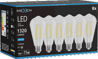 Mexen Vintis 6x Bec LED filament E27, ST64, 10W, Rece - 6500K, 1320 lm, clar - L152-E27-1040-00x06 - L152-E27-1065-00x06