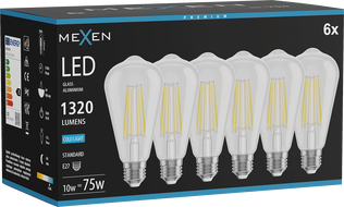 Mexen Vintis 6x LED szálas izzó E27, ST64, 10W, Hideg - 6500K, 1320 lm, átlátszó - L152-E27-1040-00x06