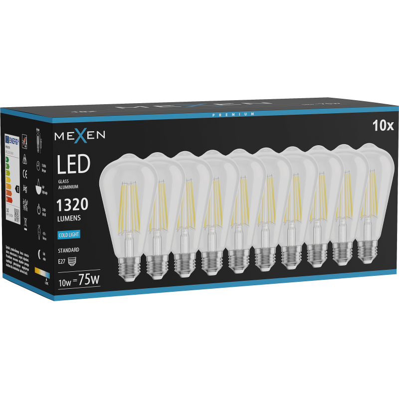 Mexen Vintis 10x LED filament izzó E27, ST64, 10W, Hideg - 6500K, 1320 lm, átlátszó - L152-E27-1040-00x10
