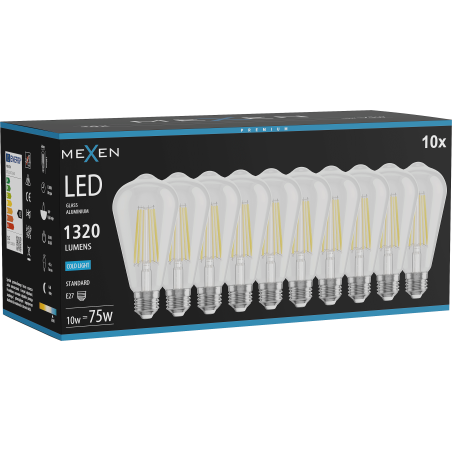 Mexen Vintis 10x LED filament izzó E27, ST64, 10W, Hideg - 6500K, 1320 lm, átlátszó - L152-E27-1040-00x10