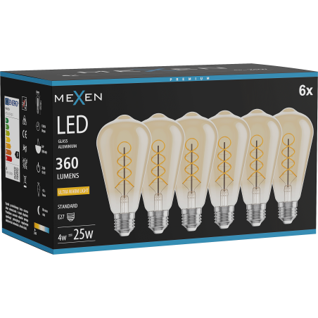 Mexen Vintis 6x LED spirál filament izzó E27, ST64, 4W, Meleg - 2200K, 360 lm, borostyán - L162-E27-0422-50x06