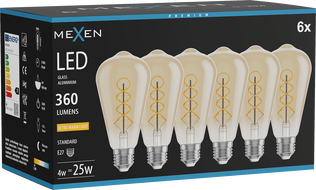 Mexen Vintis 6x LED spirál filament izzó E27, ST64, 4W, Meleg - 2200K, 360 lm, borostyán - L162-E27-0422-50x06