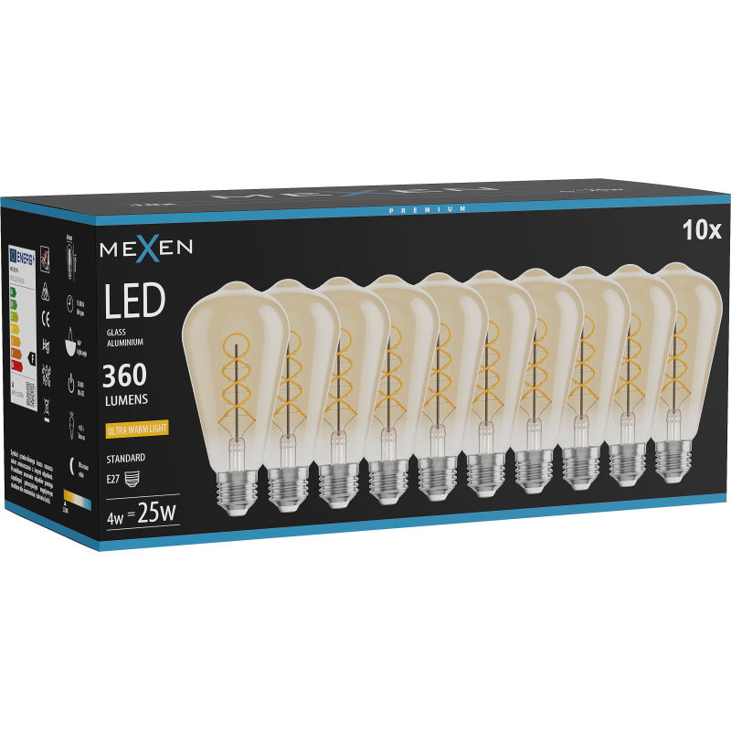 Mexen Vintis 10x Bec LED spiral filament E27, ST64, 4W, Caldă - 2200K, 360 lm, chihlimbar - L162-E27-0422-50x10