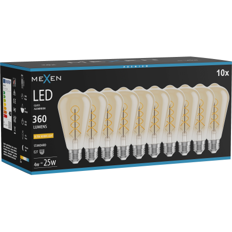 Mexen Vintis 10x Bec LED spiral filament E27, ST64, 4W, Caldă - 2200K, 360 lm, chihlimbar - L162-E27-0422-50x10