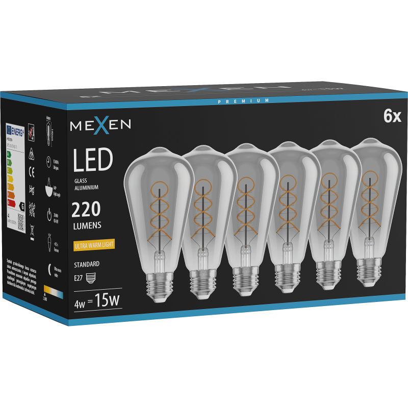 Mexen Vintis 6x LED spirálos filament izzó E27, ST64, 4W, Meleg - 2200K, 220 lm, füstszínű - L162-E27-0422-70x06