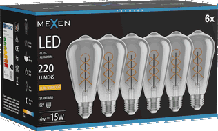 Mexen Vintis 6x Bec LED filament spirală E27, ST64, 4W, Caldă - 2200K, 220 lm, fumuriu - L162-E27-0422-70x06