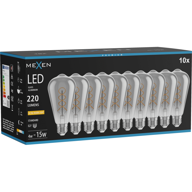 Mexen Vintis 10x Bec pentru filament spiral LED E27, ST64, 4W, Calda - 2200K, 220 lm, fumuriu - L162-E27-0422-70x10