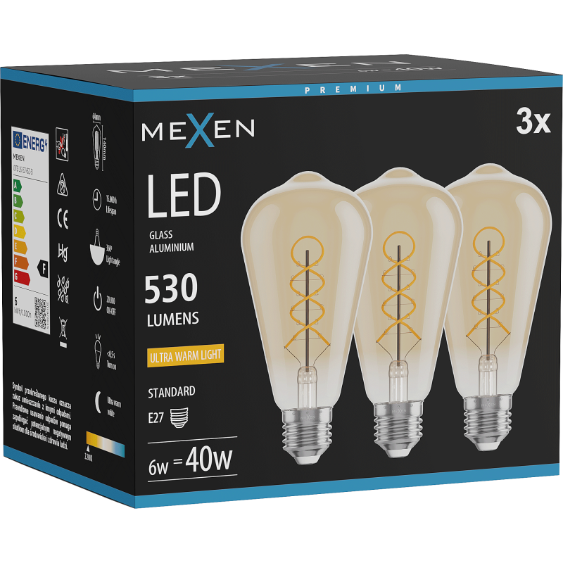 Mexen Vintis 3x Bec scul de filamente spiralate LED E27, ST64, 6W, Calde - 2200K, 530 lm, chihlimbar - L162-E27-0622-50x03