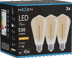 Mexen Vintis 3x Bec scul de filamente spiralate LED E27, ST64, 6W, Calde - 2200K, 530 lm, chihlimbar - L162-E27-0622-50x03
