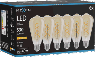Mexen Vintis 6x Bec LED filament spirală E27, ST64, 6W, Caldă - 2200K, 530 lm, chihlimbar - L162-E27-0622-50x06