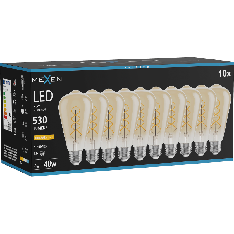 Mexen Vintis 10x LED filament spirál izzó E27, ST64, 6W, Meleg - 2200K, 530 lm, borostyán - L162-E27-0622-50x10