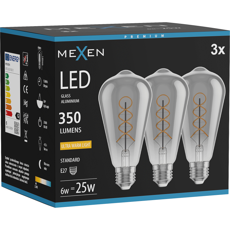 Mexen Vintis 3x LED spirál filament izzó E27, ST64, 6W, Meleg - 2200K, 350 lm, füstszínű - L162-E27-0622-70x03