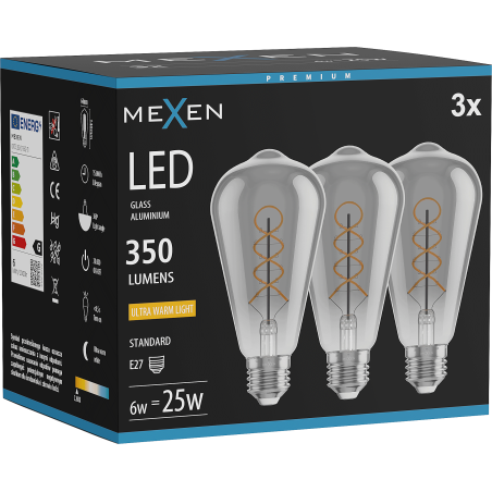 Mexen Vintis 3x Bec cu filament spirală LED E27, ST64, 6W, Caldă - 2200K, 350 lm, fumuriu - L162-E27-0622-70x03