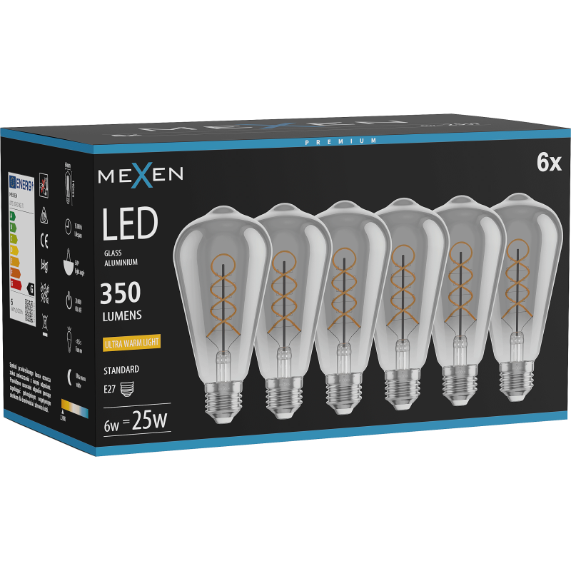 Mexen Vintis 6x LED szálcsavaros izzó E27, ST64, 6W, Meleg - 2200K, 350 lm, füstszínű - L162-E27-0622-70x06