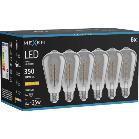 Mexen Vintis 6x LED szálcsavaros izzó E27, ST64, 6W, Meleg - 2200K, 350 lm, füstszínű - L162-E27-0622-70x06