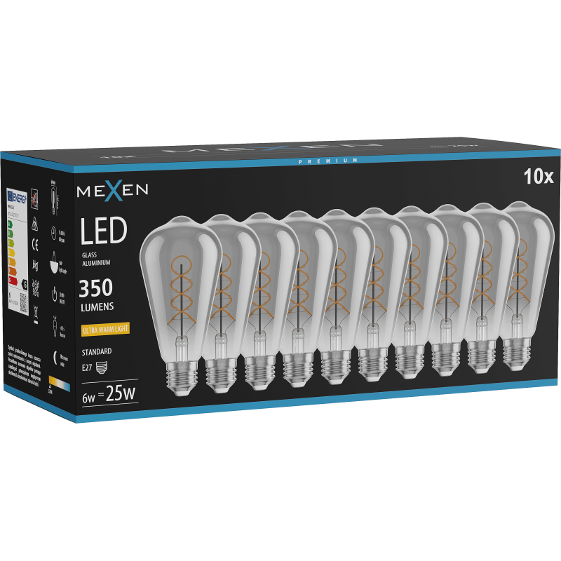 Mexen Vintis 10x Bec cu filament spirală LED E27, ST64, 6W, Caldă - 2200K, 350 lm, fumurie - L162-E27-0622-70x10