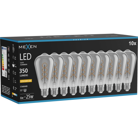 Mexen Vintis 10x Bec cu filament spirală LED E27, ST64, 6W, Caldă - 2200K, 350 lm, fumurie - L162-E27-0622-70x10