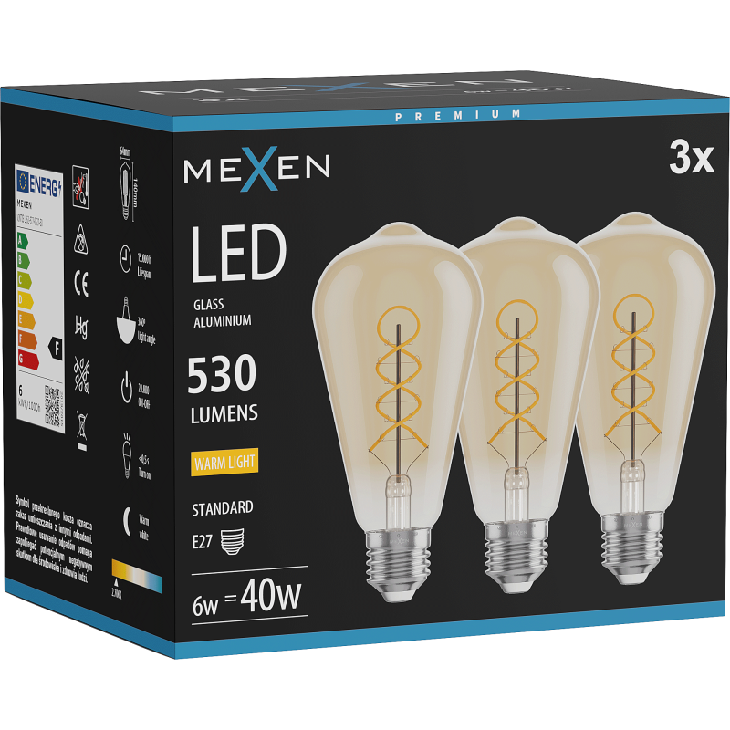Mexen Vintis 3x LED filament spirál izzó E27, ST64, 6W, Meleg - 2700K, 530 lm, borostyán - L162-E27-0627-50x03