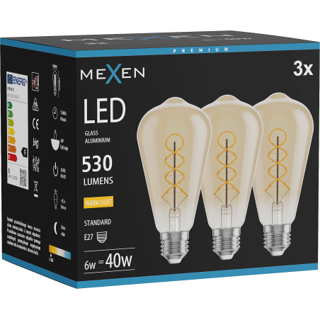 Mexen Vintis 3x LED filament spirál izzó E27, ST64, 6W, Meleg - 2700K, 530 lm, borostyán - L162-E27-0627-50x03
