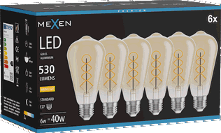 Mexen Vintis 6x Bec LED filament spirală E27, ST64, 6W, Caldă - 2700K, 530 lm, chihlimbar - L162-E27-0627-50x06