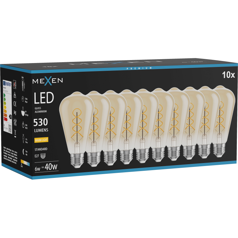 Mexen Vintis 10x Bec LED filament spiral E27, ST64, 6W, Cald - 2700K, 530 lm, chihlimbar - L162-E27-0627-50x10