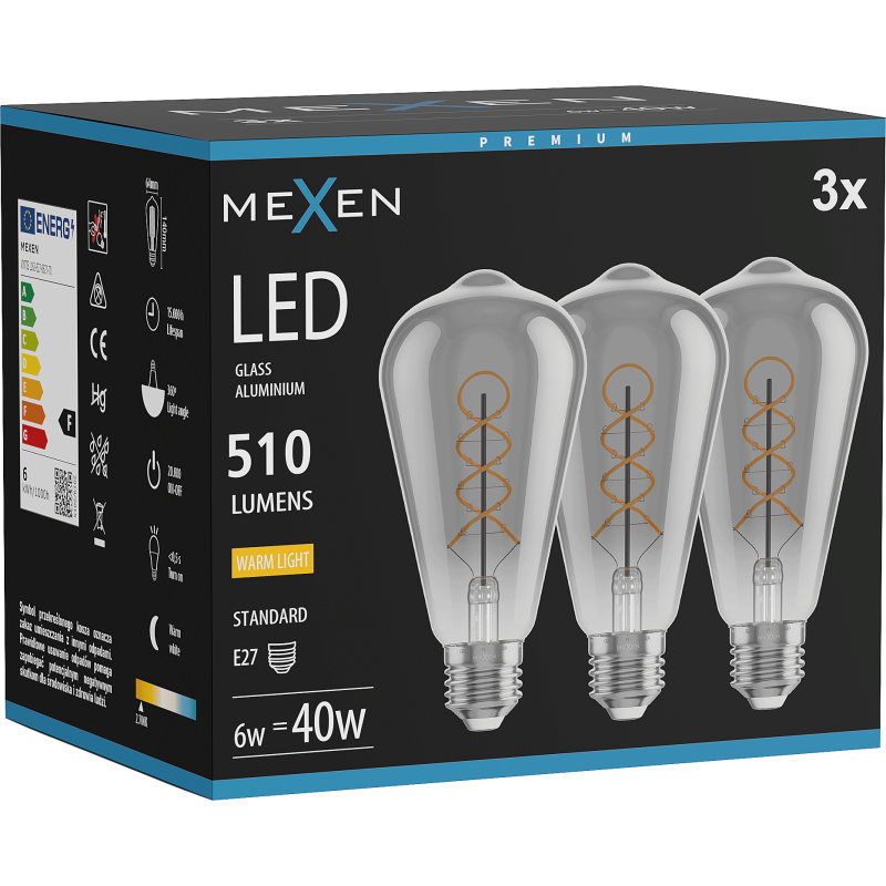 Mexen Vintis 3x LED filament spirál izzó E27, ST64, 6W, Meleg - 2700K, 510 lm, füstös - L162-E27-0627-70x03