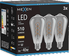Mexen Vintis 3x Bec cu filament spirală LED E27, ST64, 6W, Caldă - 2700K, 510 lm, fumuriu - L162-E27-0627-70x03