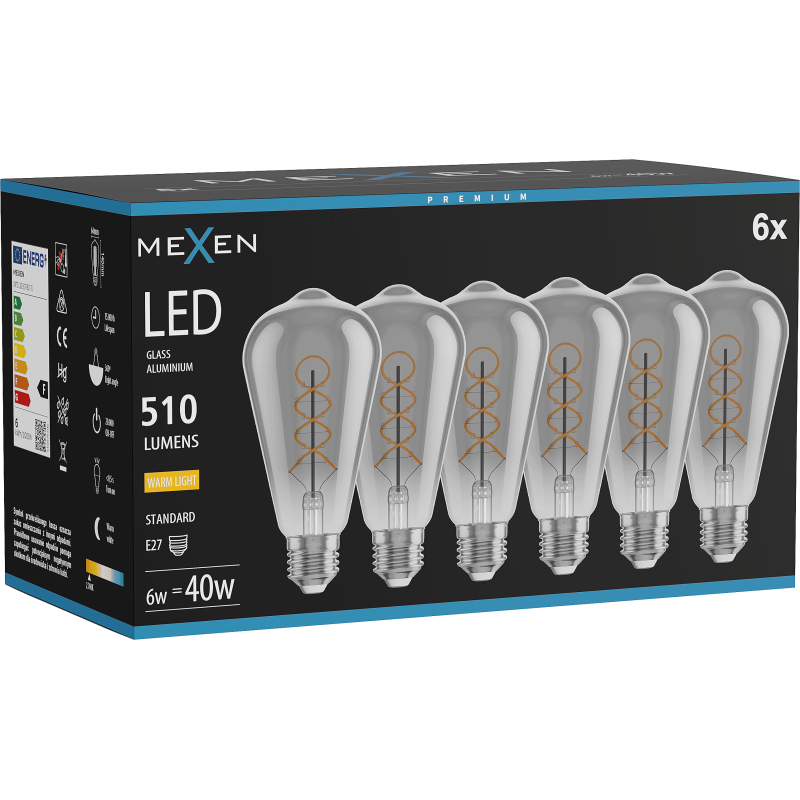 Mexen Vintis 6x Bec LED filament spirală E27, ST64, 6W, Caldă - 2700K, 510 lm, fumuriu - L162-E27-0627-70x06