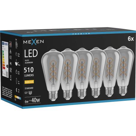 Mexen Vintis 6x LED spirál izzó E27, ST64, 6W, Meleg - 2700K, 510 lm, füstös - L162-E27-0627-70x06