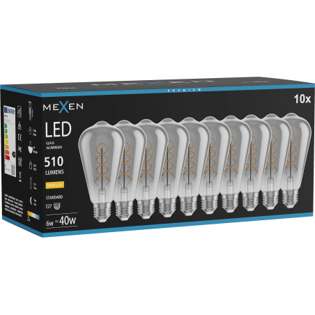Mexen Vintis 10x Bec cu filament spirală LED E27, ST64, 6W, Caldă - 2700K, 510 lm, fumuriu - L162-E27-0627-70x10
