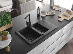 Mexen Gaspar 1,5 rekeszes gránitmosogató csepegtetővel és Rita konyhai csapteleppel, fekete pöttyös - 6507-76-670300-70-B