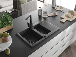 Mexen Gaspar chiuvetă din granit, cu 1,5 cuve, cu picurător și baterie de bucătărie Rita, negru cu pete